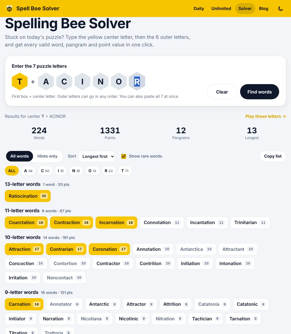 Spell Bee Solver results for the letters T A C I N O R, grouped by word length with pangrams highlighted