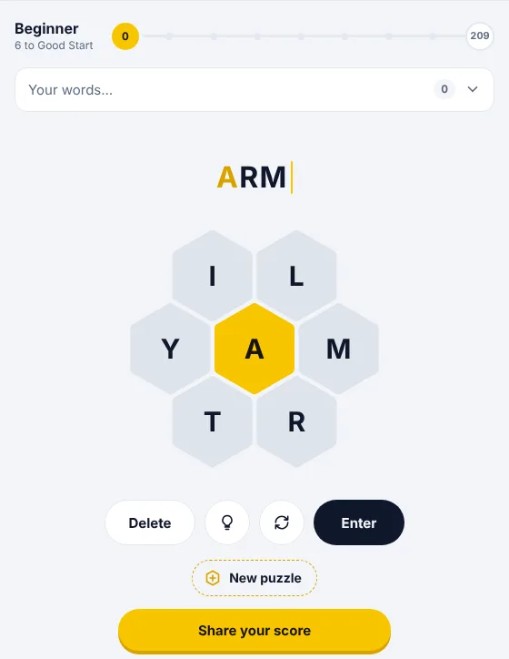 Spelling Bee game: typing a word with the yellow center letter A
